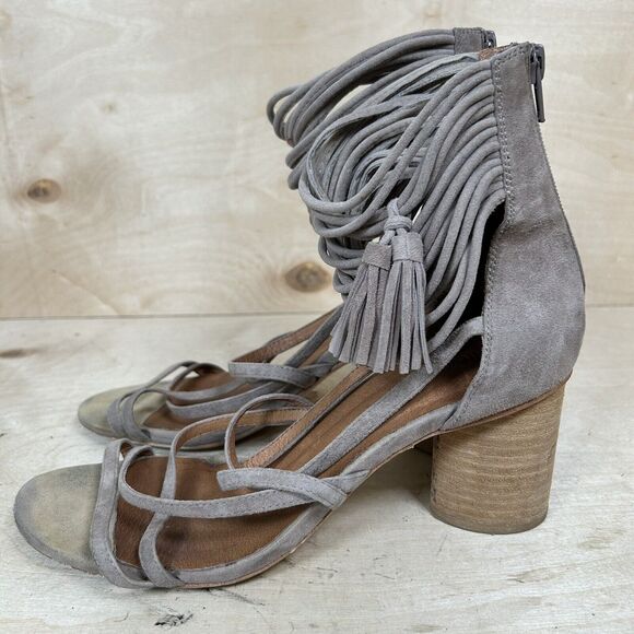 JEFFREY CAMPBEL Despina Gray Suede Fringe Tassel Ankle Strap Chunky Heels Size 9 - Picture 2 of 7